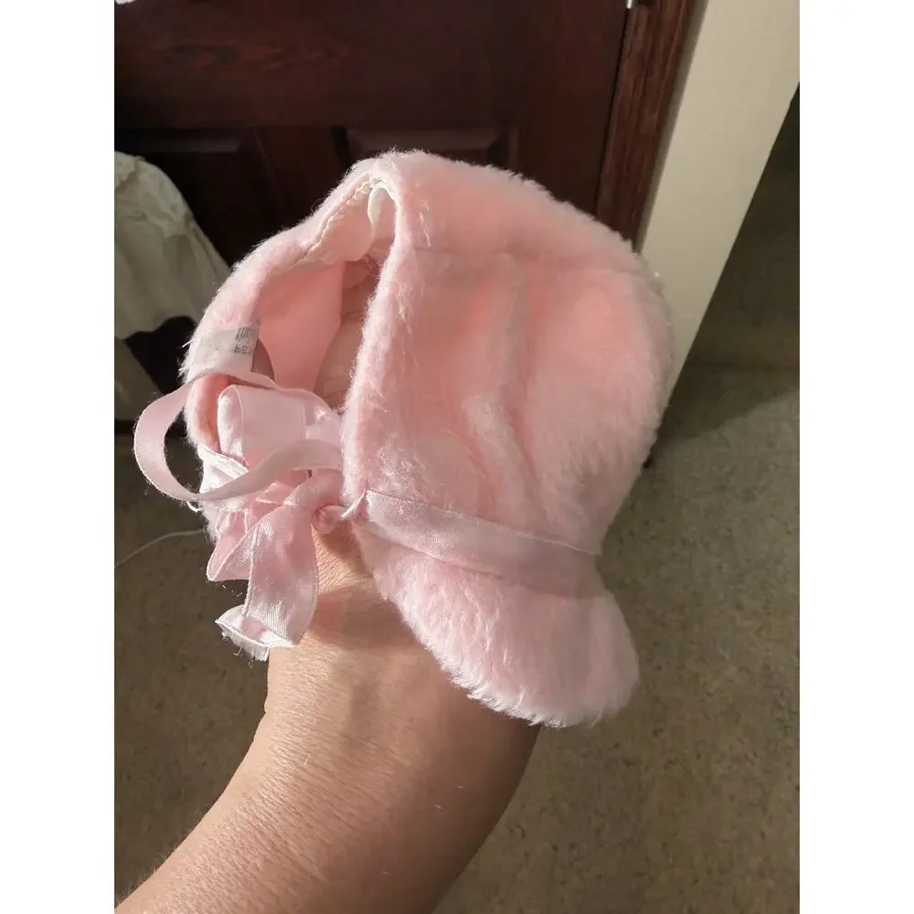 Vtg Antique Baby Bonnet Faux Fur Heirloom White Silk Ribbon Satin Lined 70s